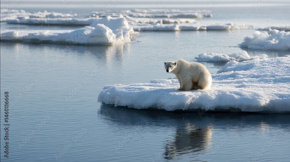 A polar bear struggling to stand on a small ice floe in a vast expanse of open water highlighting the impact of melting ice caps.