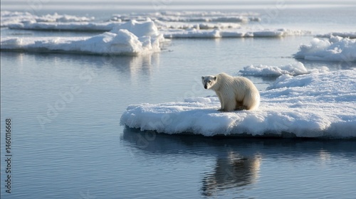 Obraz na płótnie A polar bear struggling to stand on a small ice floe in a vast expanse of open water highlighting the impact of melting ice caps. w salonie