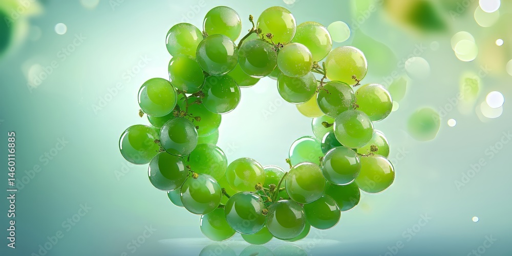 Minimalist creative illustration of green Shine Muscat grapes arranged as a delicate wreath, symbolizing freshness and organic lifestyle, with a soft pastel background. Minimalist creative illustration of green Shine Muscat grapes arranged as a delicate wreath, symbolizing freshness and organic lifestyle, with a soft pastel background.