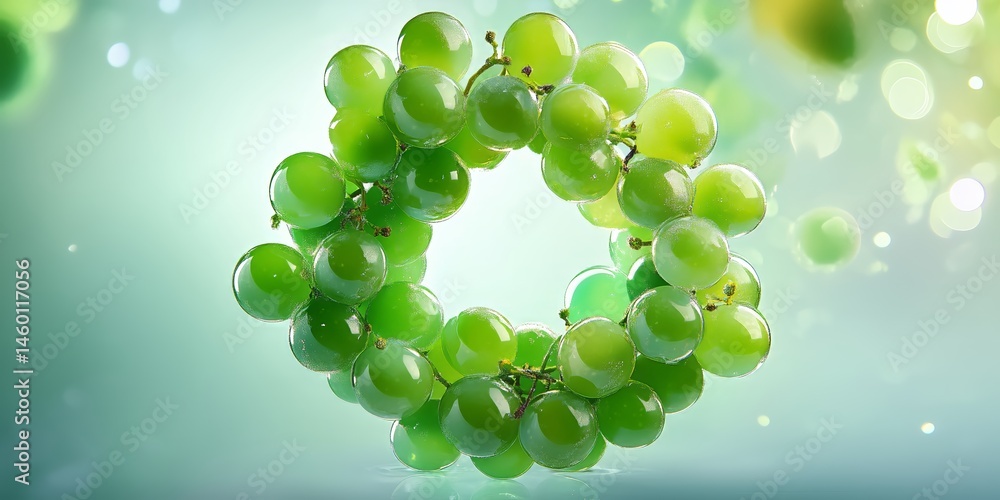 Minimalist creative illustration of green Shine Muscat grapes arranged as a delicate wreath, symbolizing freshness and organic lifestyle, with a soft pastel background. Minimalist creative illustration of green Shine Muscat grapes arranged as a delicate wreath, symbolizing freshness and organic lifestyle, with a soft pastel background.