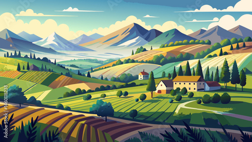 mountainous rural landscape in spring. alps ukraine. trees and agricultural fields on hills rolling in to the distant valley. ridge beneath a overcast sky in dappled light. countryside