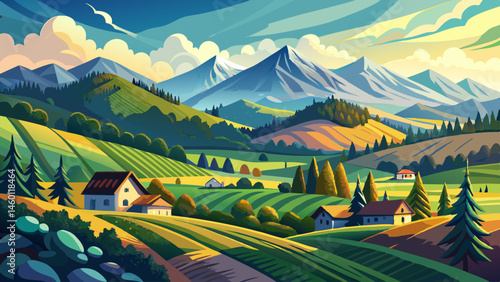 mountainous rural landscape in spring. alps ukraine. trees and agricultural fields on hills rolling in to the distant valley. ridge beneath a overcast sky in dappled light. countryside