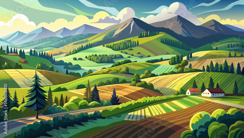 mountainous rural landscape in spring. alps ukraine. trees and agricultural fields on hills rolling in to the distant valley. ridge beneath a overcast sky in dappled light. countryside