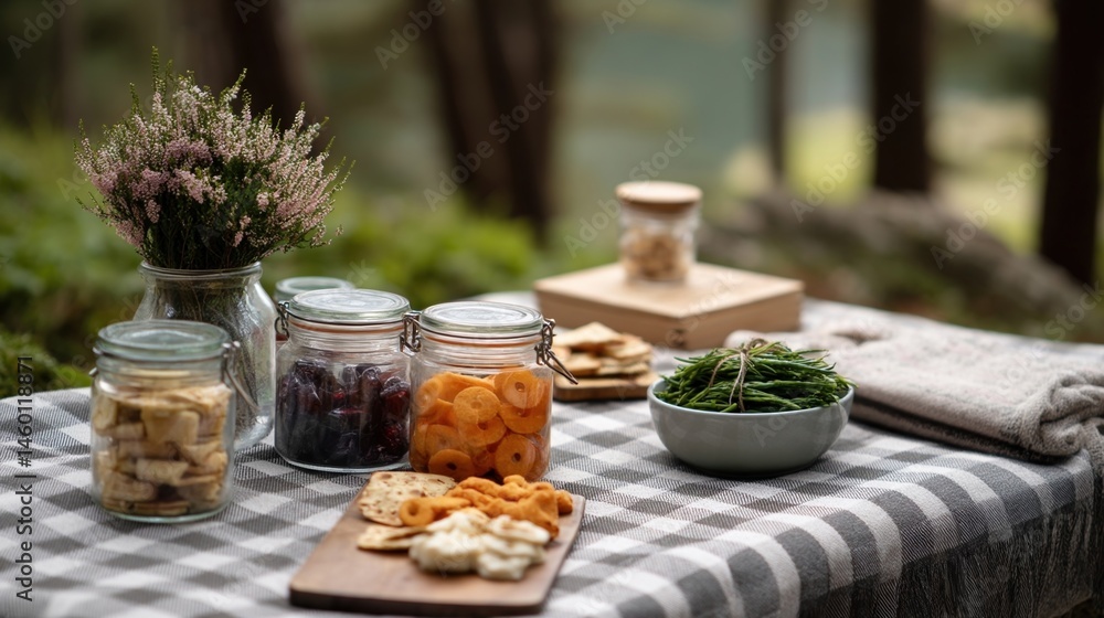 An outdoor picnic scene on a checkered blanket with homemade snacks in glass containers surrounded by nature promoting a wastefree outdoor experience.