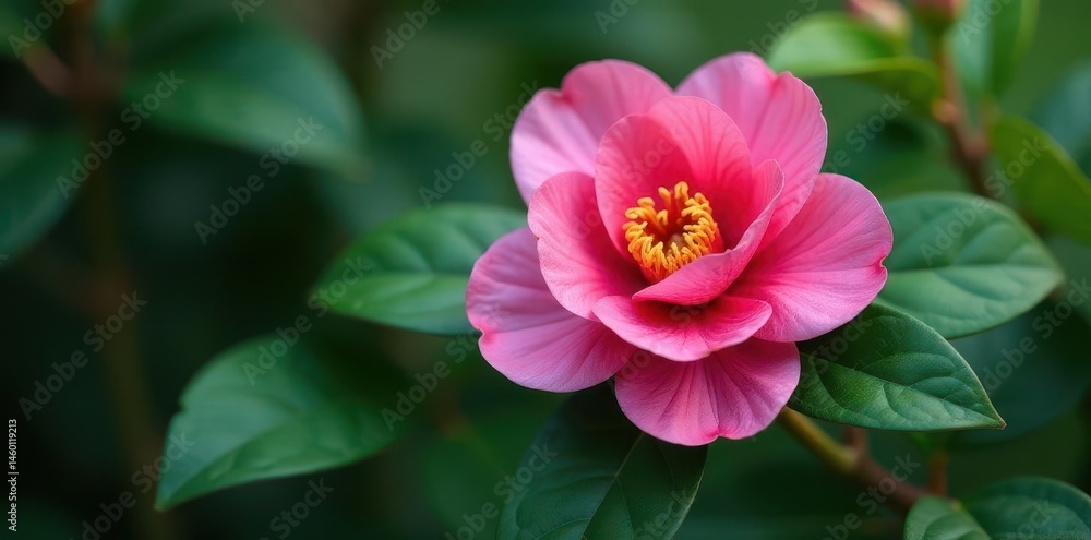 Single camellia blossom nestled in mixed greens , leaves, nature Single camellia blossom nestled in mixed greens , leaves, nature