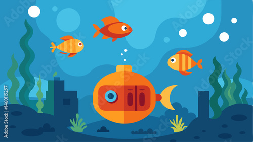 Submarine Underwater Adventure A lively scene of a submarine navigating through an underwater forest of kelp. The submarine has multiple fishbowl windows filled with goldfish that