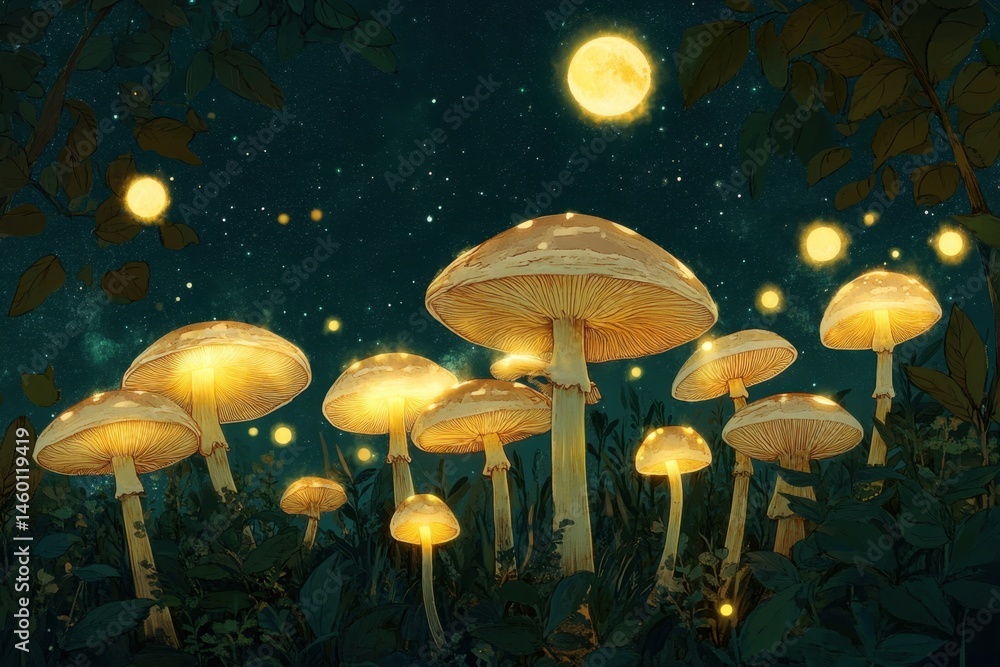 Fototapeta premium Glow mushrooms in a starlit forest