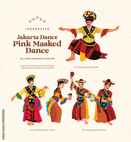 Indonesian Traditional Pink masked dancer cellshaded illustration