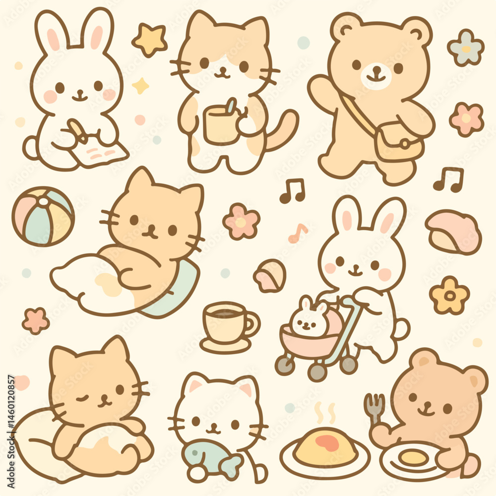 Seamless pattern of kawaii-style animal characters for kids fabric and stationery Seamless pattern of kawaii-style animal characters for kids fabric and stationery