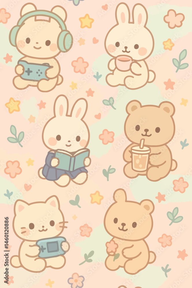 Kawaii-style animal characters, pastel background, Japanese pop style, soft outlines, suitable for kids fabric and stationery Kawaii-style animal characters, pastel background, Japanese pop style, soft outlines, suitable for kids fabric and stationery