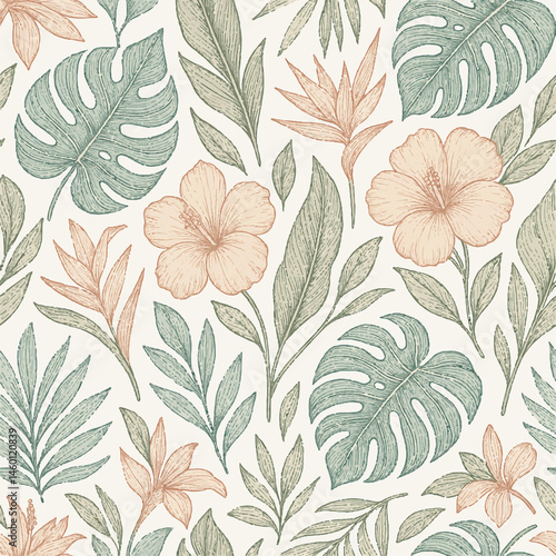 Seamless pattern of hand-drawn tropical botanical leaves and exotic flowers, vector style, suitable for wallpaper and fabric design
