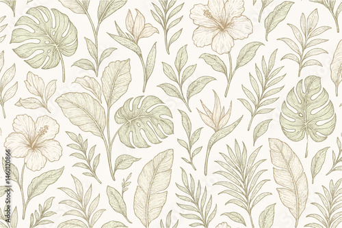 Hand-drawn tropical botanical leaves and exotic flowers, intricate line art for wallpaper and fabric design