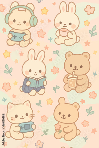 Kawaii-style animal characters, pastel background, Japanese pop style, soft outlines, suitable for kids fabric and stationery
