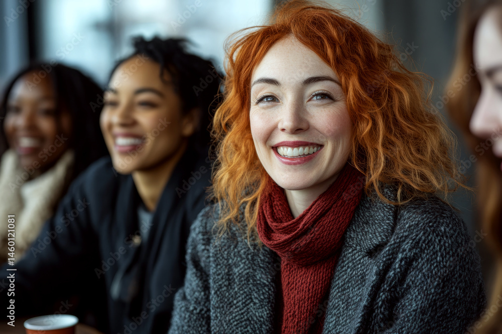 A smiling woman with red hair in a cozy setting, surrounded by others. Concept of happiness and friendship. For community or group event photos.