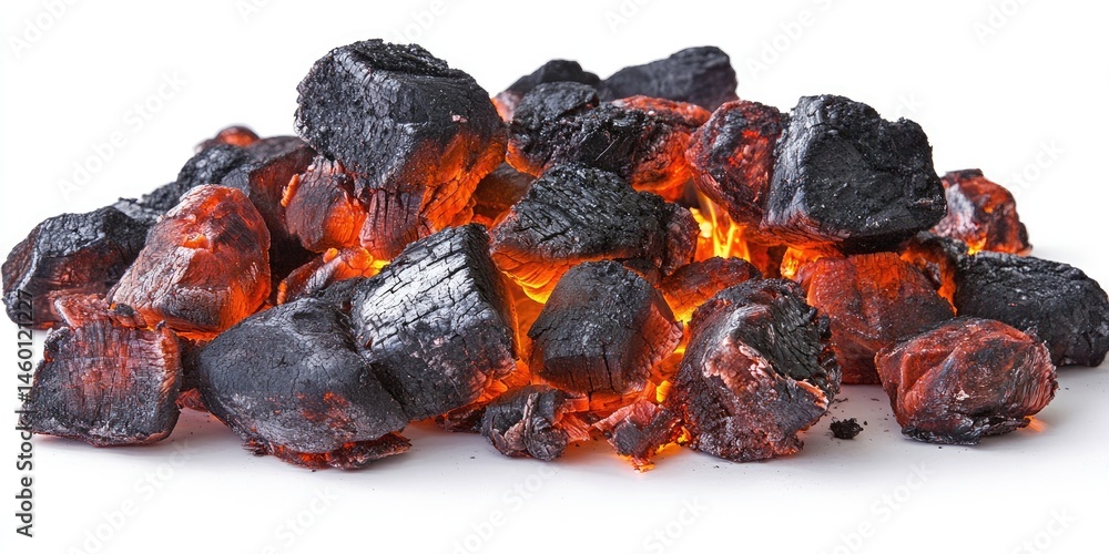 Glowing Embers of Charcoal: A Close-Up View of Burning Briquettes Ready for Grilling or Outdoor Cooking Glowing Embers of Charcoal: A Close-Up View of Burning Briquettes Ready for Grilling or Outdoor Cooking