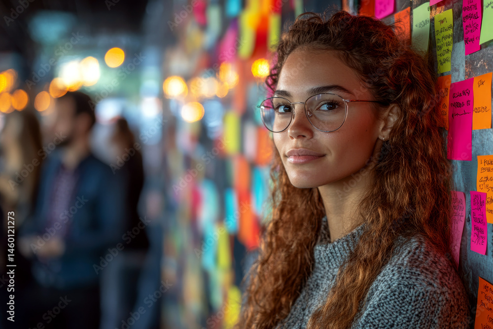 Young woman with glasses stands by colorful sticky notes on a wall, smiling softly. Concept of creativity and collaboration. For brainstorming session photo.