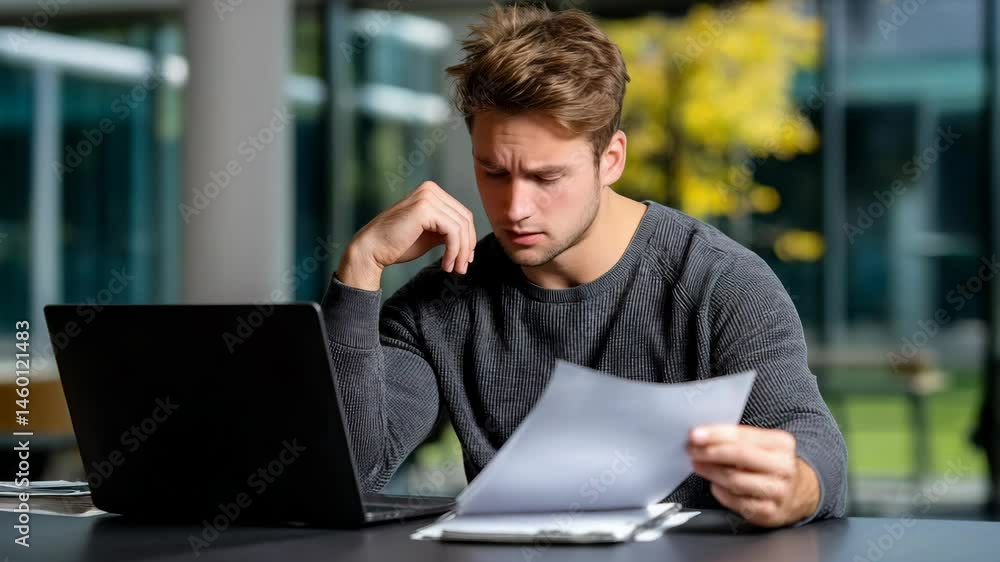 A young man stressed while reviewing documents at a laptop in a modern office setting. A young man stressed while reviewing documents at a laptop in a modern office setting.