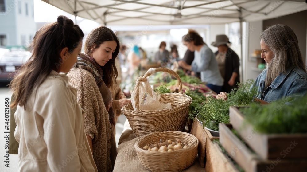 A marketplace filled with local farmers offering fresh produce flowers and homemade goods with shoppers engaging in lively conversations about