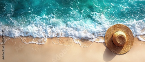 Soft waves caress the sandy shore, a straw hat rests nearby, capturing a tranquil beach scene