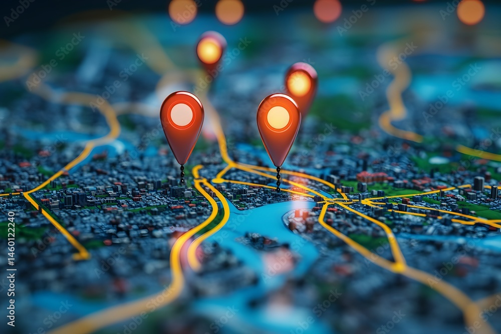 With digital GPS location on the map and pin route path concept, showcasing serene balance With digital GPS location on the map and pin route path concept, showcasing serene balance