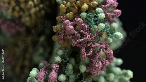 Detailed animated render of protein structure with pink, green, and beige colored atoms interconnected. 3D medical representation.