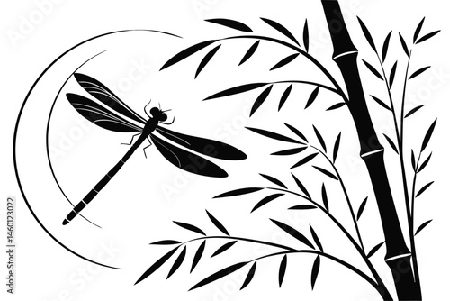 84 Black and white illustration, silhouette of dragonfly, bamboo stalk, bamboo leaves, minimalist design, high contrast, elegant composition, Asian-inspired art, nature motif, zen aesthetic, ink drawi