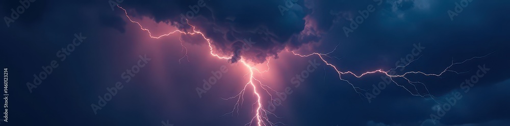 Jagged lightning illuminates ominous, dark storm clouds , night, sky, storm Jagged lightning illuminates ominous, dark storm clouds , night, sky, storm