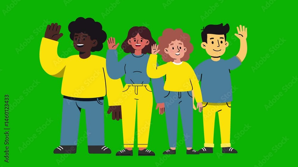 Animated Multicultural Team of Young Characters Waving in Blue and ...
