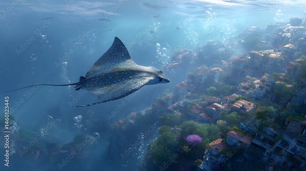 Fototapeta premium Majestic Stingray Gliding Over Sunken City Underwater Fantasy Art