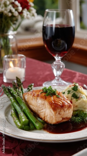 Elegant Salmon Dinner with Asparagus Mashed Potatoes and Red Wine