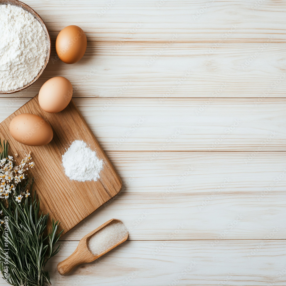 Baking still life with eggs flour and sugar on wooden surface overhead Baking still life with eggs flour and sugar on wooden surface overhead