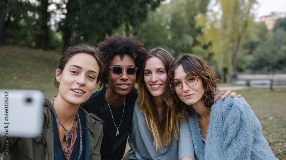 A group of friends at a park laughing and taking selfies on their smartphones highlighting the importance of mobile photography in social interactions.