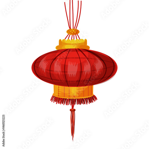 Realistic red lantern yellow silk tassel on white background. Happy Chinese New Year China spring festival decorative element design, 3d hanging circular & cylindrical shape fortune lamp illustration