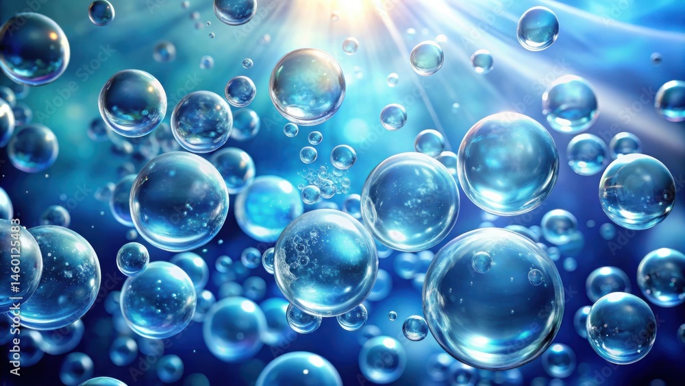 Abstract blue bubbles with a shimmering light reflecting off their surface and a soft background Abstract blue bubbles with a shimmering light reflecting off their surface and a soft background