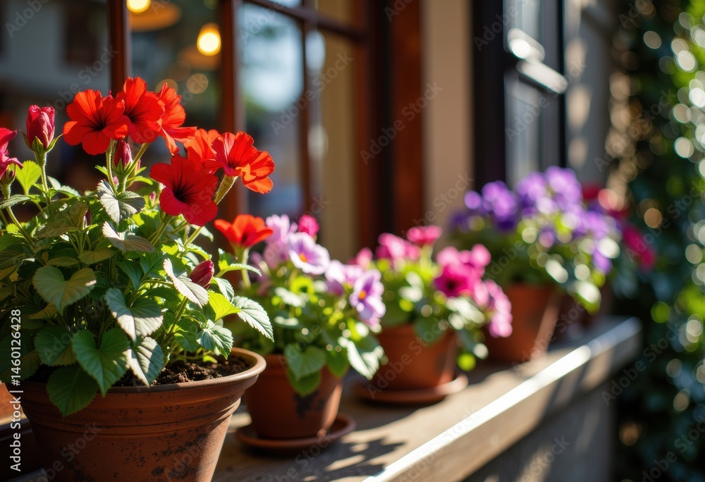 Fototapeta premium Vibrant flowers in pots brighten a sunny windowsill