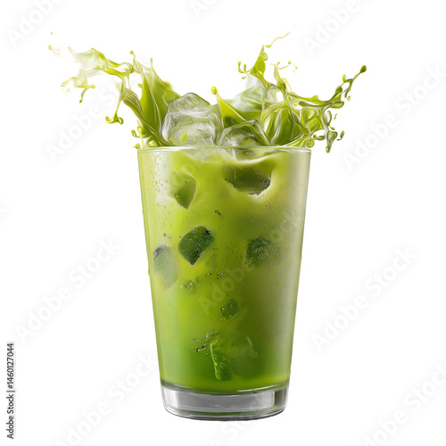 splashing iced matcha latte with ice cubes in glass on transparent background