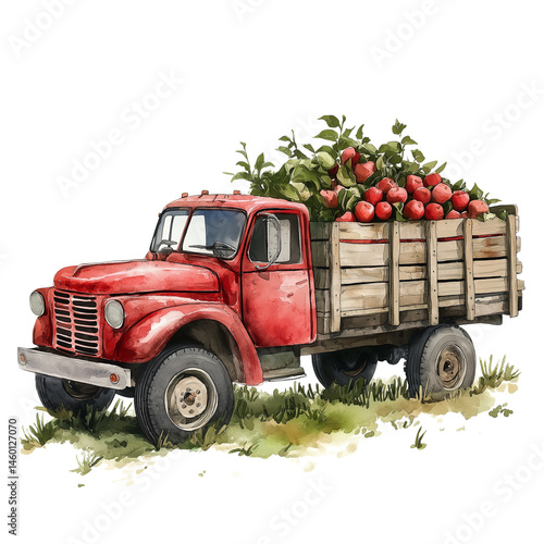 watercolor apple farm truck isolated on white background
