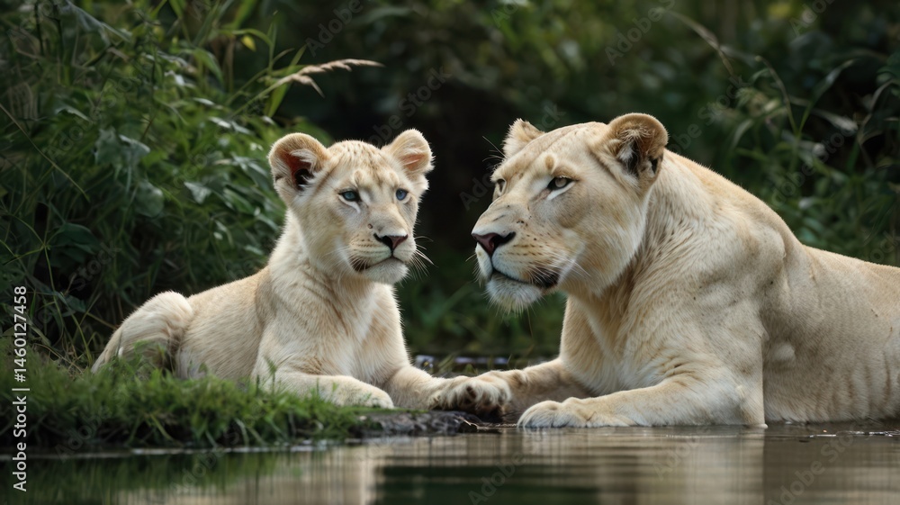 Two white lions by a water's edge Two white lions by a water's edge