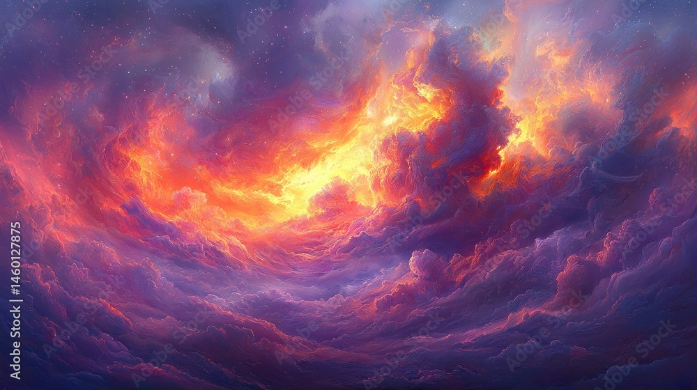 Fiery, swirling cloudscape; vibrant hues of orange, purple, and deep blues dominate the scene, creating a dramatic, ethereal atmosphere Fiery, swirling cloudscape; vibrant hues of orange, purple, and deep blues dominate the scene, creating a dramatic, ethereal atmosphere