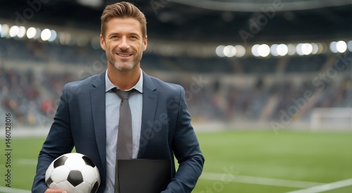 Professional Soccer Coach Smiles Confidently on Field With Soccer Ball in Han...