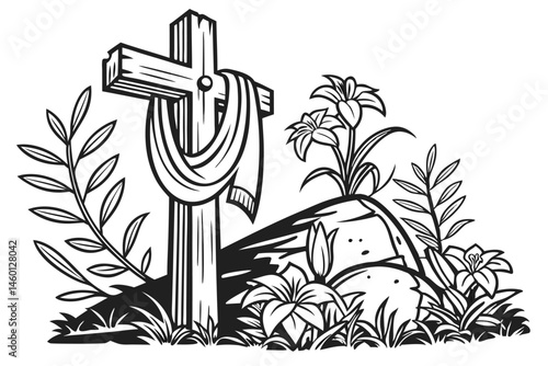 87 Religious cross, draped cloth, Easter lilies, floral arrangement, black and white illustration, woodcut style, Christian symbolism, resurrection theme, spiritual imagery, detailed linework, sacred 