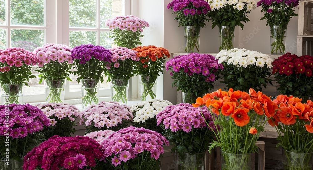 Obraz premium Colorful Flowers in Vases by Window