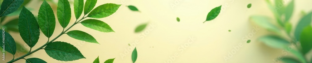 Dark green leaves scattered on beige background, verdant, ambient Dark green leaves scattered on beige background, verdant, ambient