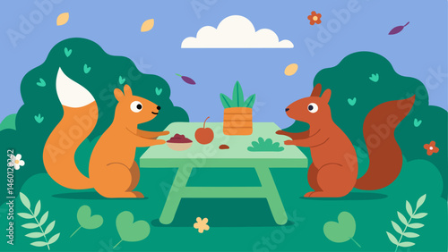 Squirrel Games While some squirrels are eating others are engaged in fun activities around the picnic area. One squirrel is playing tag with another leaping over a log nearby. The