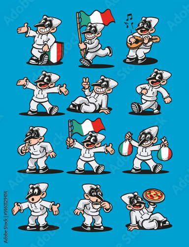 puffin mask set characters naples italy logo mascot cartoon retro