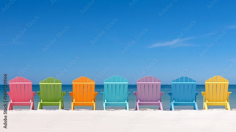 Naklejka premium Vibrant Row of Colorful Beach Chairs on a Pristine Sandy Beach