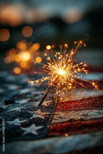 Firework Sparkler Glowing in Front of an American Flag During a Festive Celeb...