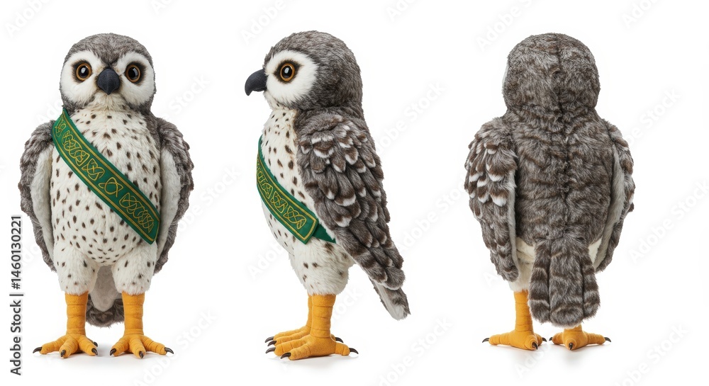 Fototapeta premium Soft plush harrier owl toy featuring intricate celtic knot design and vibrant detailing