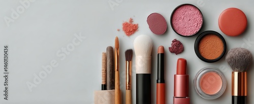 Cosmetic Tools and Products Arranged on a Light Background Showcasing Makeup ...