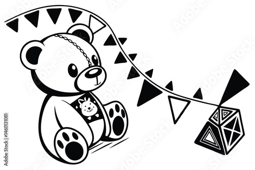 89 Black and white illustration, teddy bear silhouette, simple design, cute cartoon style, rounded shapes, child's toy, iconic bear symbol, minimalist artwork, vector graphic, symmetrical composition,